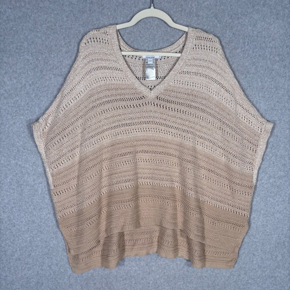 Chicos Crochet Poncho Sweater S/M Tan Ombre Open Knit Neutral Boho Festival